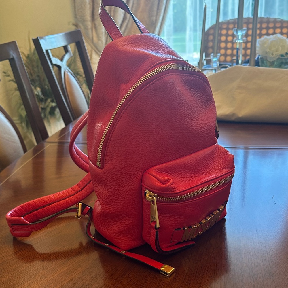 Moschino Red Genuine Leather Mini Backpack with Gold Hardware 9”x11”x5” - Picture 13 of 15